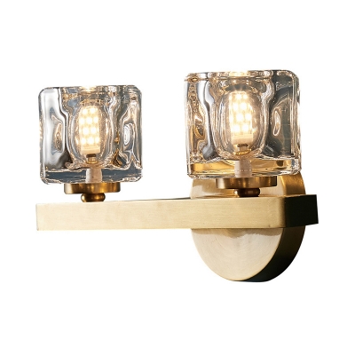 1/2-Head Wall Mount Lamp Postmodern Corner Sconce Light with Cube Crystal Shade and Brass Arm