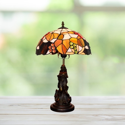 1-Bulb Bedroom Nymph Table Light Baroque Brown/Green/White and Brown Grape Patterned Desk Lamp with Domed Hand Cut Glass Shade