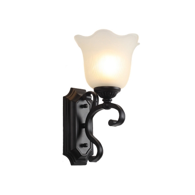 1 Bulb Sconce Light Countryside Living Room Wall Mount Lamp with Bloom Milky Glass Shade in Black