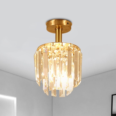 1 Bulb Semi Flush Ceiling Light Simple 2-Layer Cylinder Crystal Prism Flush Light Fixture in Brass
