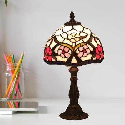 1 Head Bedside Nightstand Lamp Mediterranean Red/Blue/Purple Bloom Patterned Table Light with Bowl Stained Glass Shade