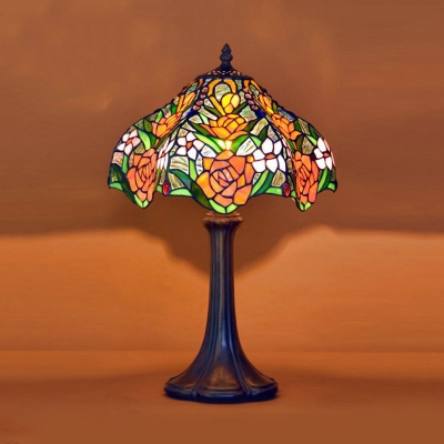 1 Head Night Light Tiffany Style Bowl Hand Cut Glass Rose Patterned Nightstand Lighting in Coffee