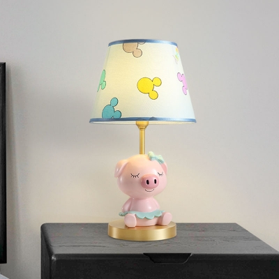 1 Light Nursery Table Lamp Kids Pink Blue Nightstand Light With Cone Fabric Shade And Resin Pig Beautifulhalo Com