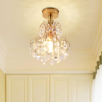 1-Light Semi Mount Lighting Antique Draping Crystal Circles Close to Ceiling Light in Brass