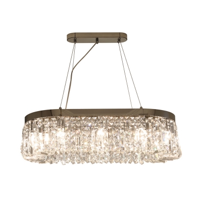 10-Bulb Hanging Island Light Modern Dining Room Pendant with Oval Crystal Shade in Chrome