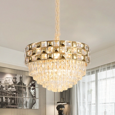 14-Light Tiered Chandelier Modern Stylish Gold Crystal Hanging Lamp with Gridded Edge