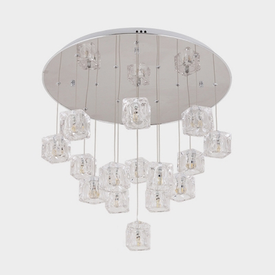 15 Heads Living Room Cluster Pendant Modern Silver Suspension Light with Square Clear Crystal Shade