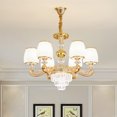3-Tier Crystal Chandelier Modernist 6-Light Hotel Ceiling Suspension Lamp with Bell Opal Glass Shade in Gold