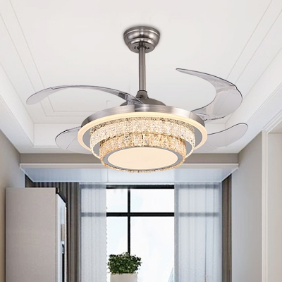 4-Blade Silver 2 Tiers Semi Flush Lamp Contemporary Crystal Block LED Ceiling Fan Lighting, 19.5
