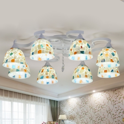 8 Heads Living Room Ceiling Lamp Victorian White Mosaic Patterned Semi Flush Mount with Dome Shell Shade