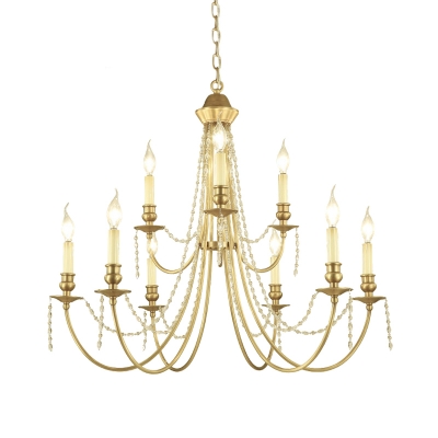 9-Light Candle Style Swoop Arm Chandelier Countryside Gold Crystal Strand Pendant Ceiling Light