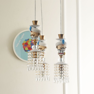 Aladdin Kid Bedroom Pendulum Light Resin 1/3-Light Cartoon Hanging Pendant in White with Cascading Crystal Drape