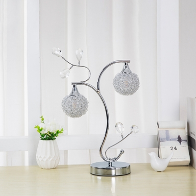 Aluminium Ball Night Table Light Simplicity 2 Heads Bedroom Crystal Nightstand Lamp in Chrome