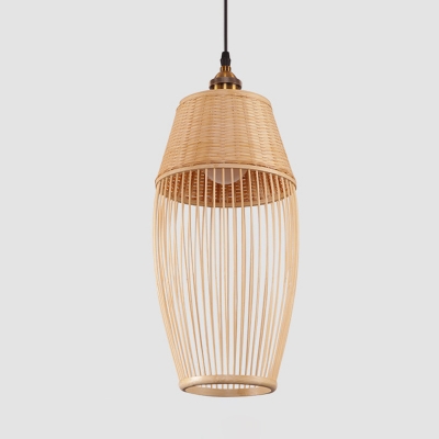 Asian Style Oblong Pendulum Light Bamboo Rattan 1-Head Bedside Suspension Lamp in Beige