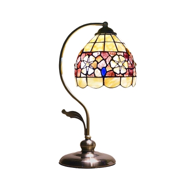Baroque Gooseneck Night Table Lamp 1-Bulb Metal Nightstand Light in Bronze with Bowl Shell Shade