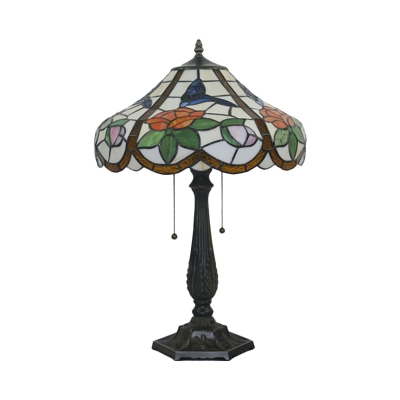 Baroque Tower Night Table Light 2 Heads Stained Glass Rose and Bird Patterned Nightstand Lamp in Bronze