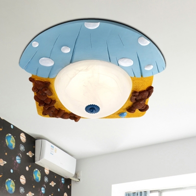 Bear and Mushroom Resin Flush Light Cartoon Red/Blue LED Ceiling Mount Lighting with Dome White Glass Shade