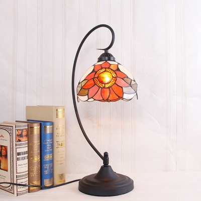 Black Curved Arm Table Light Tiffany Style 1 Light Stained Art Glass Sunflower Patterned Night Lamp with Bowl Shade
