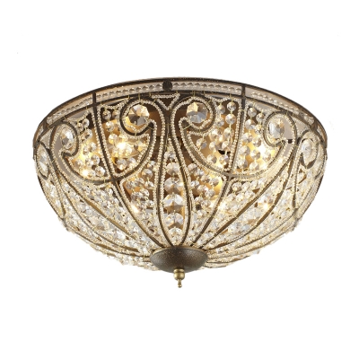 Bowl Crystal Flush Mount Light Traditional 3-Head Foyer Ceiling Lamp in Antique Bronze
