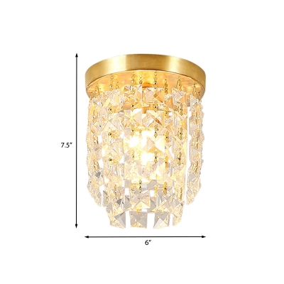 Brass 1 Head Flush Light Minimal Beveled-Cut Crystal Cylindrical Mini Ceiling Mount Lamp