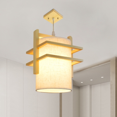 Bucket Design Hanging Pendant Japanese Fabric 1 Bulb Dining Room Suspension Lighting in Beige