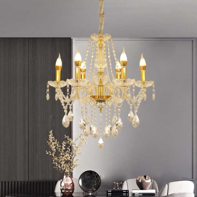 Candle Restaurant Chandelier Lamp Modern Crystal 6 Heads Gold Pendant Ceiling Light