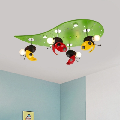 Cartoon Ladybug-Like Semi Flush Lamp Metallic 4-Light Kids Bedroom Flush Ceiling Light in Green