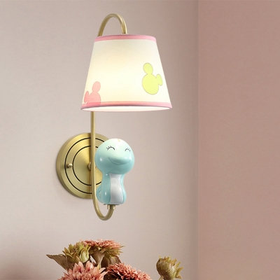 Cartoon Single Wall Light Fixture Cheerful Yellow Chick/Blue Snake/Gold Bull Sconce with Printed Fabric Lampshade