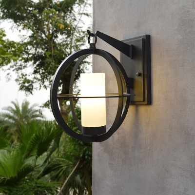 Classic Globe Cage Wall Mounted Light 1-Light Metal Wall Sconce in Black with Inner Tube Opal Glass Shade