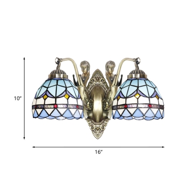 Cone/Bell Shaped Wall Light Fixture Baroque White/Blue Grid Glass 2-Head Bronze Finish Sconce with Mermaid