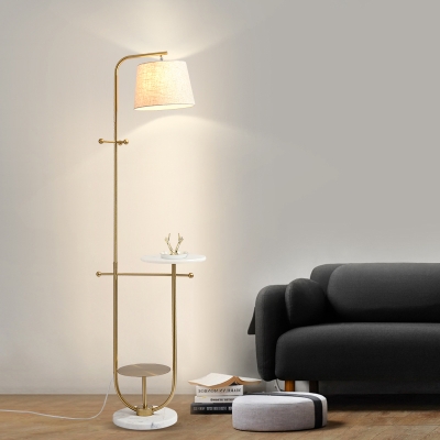 Conic Living Room Floor Light Post-Modern Single Bulb Fabric Standing Lamp with Marble Tray and Hook in Gold