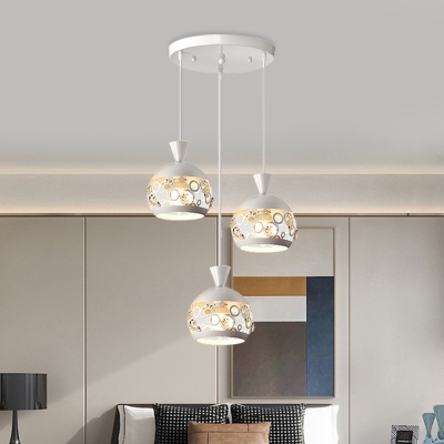 Contemporary Etched Dome Multi Light Crystal Pendant Metal 3 Bulbs Dining Room Suspension Lamp in White