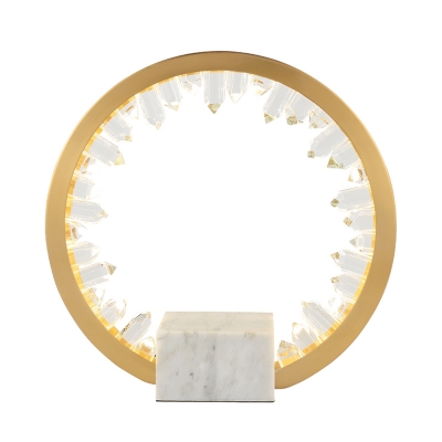 Contemporary Round Nightstand Lighting LED Crystal Night Lamp in Gold with Marble Base