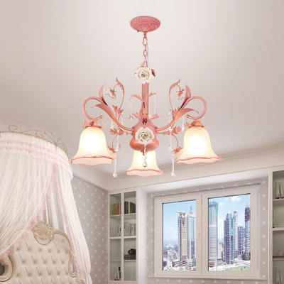 Cream Glass Pink Chandelier Floral 3/5 Bulbs Pastoral Style Pendant with Draping for Bedroom