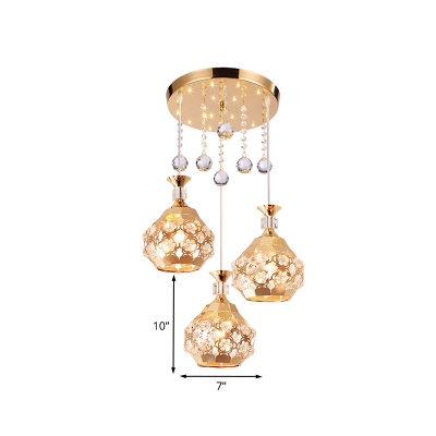 Crystal Gold Cluster Pendant Lamp Globe 3 Bulbs Modern Hanging Ceiling Light for Dining Room
