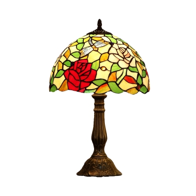 Cut Glass Bronze Night Table Lighting Bowl 1-Head Mediterranean Rose Patterned Desk Light