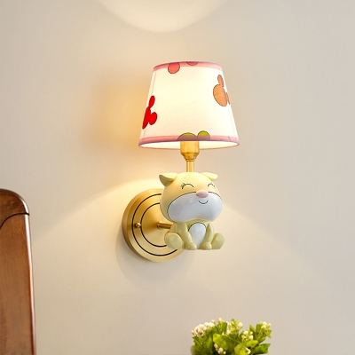 Doggy Wall Light Kit Cartoon Resin Single Gold Wall Mounted Lamp with Tapered Print Fabric Shade