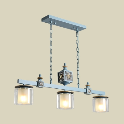 Double Pillar Kitchen Island Light Clear and Frosted Glass 3 Heads Mediterranean Hanging Lamp in Sky/Water Blue