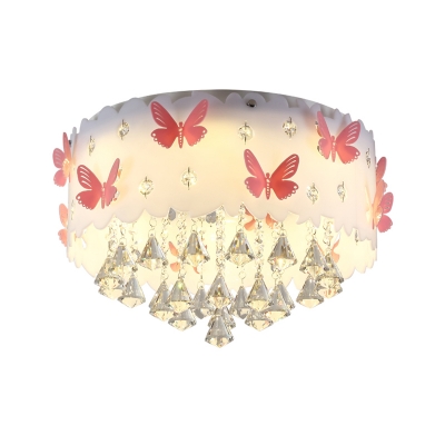 Drum Bedroom Ceiling Lamp Modern Diamond Crystal 4/6 Heads Pink Flush Light with Butterfly Decor