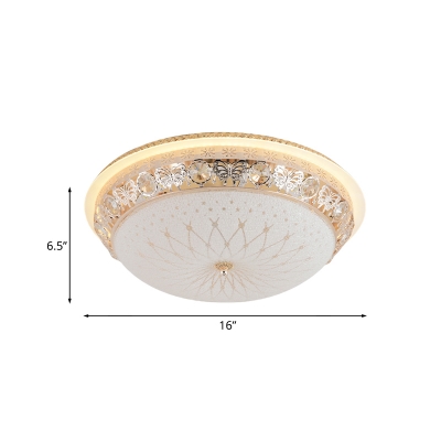 Frosted Glass Bowl Ceiling Light Modern LED Study Flush Mount in Gold with Crystal Accent, 16