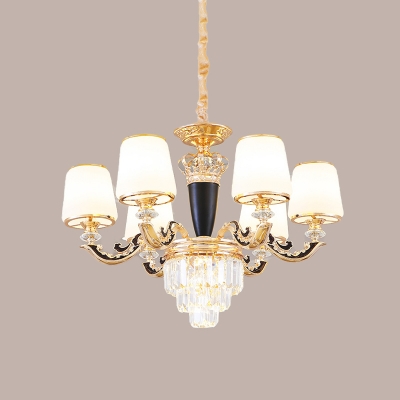 Frosted White Glass Cone Hanging Light Antique 6 Bulbs Bedroom Ceiling Chandelier in Black and Gold with Crystal Accent