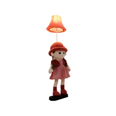 Girl Fabric Stand Up Lamp Cartoon 1-Light Red/Blue/Green Standing Floor Light with Flared Shade for Bedroom