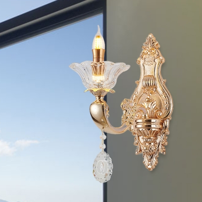 Gold Candle Wall Mount Lamp Traditional Metal 1/2-Bulb Lobby Sconce with Flower Clear Glass Lamp Holder
