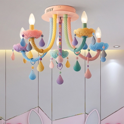 Iron Candelabra Flush Chandelier Macaron 5/6 Heads Multi-Color Semi Mount Lighting with Stained Glass Drop