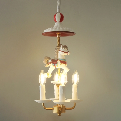 Kids Candle Chandelier Lamp Metal 4 Lights Bedroom Hanging Light in White with Carousel Design
