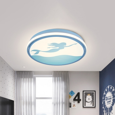 Kids Circle Ceiling Flush Acrylic LED Nursery Flush Mount in Pink/Blue with Mermaid Pattern