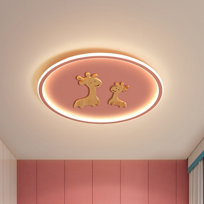 Kids Round Ceiling Lamp Acrylic LED Nursery Flush Mount Light with Wood Giraffe in Black/Pink/Blue