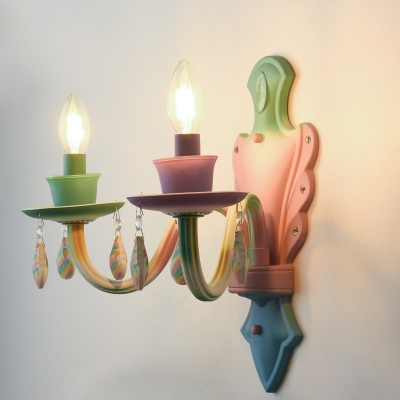 Macaron Candlestick Wall Lighting Ideas Iron 2-Head Kids Bedside Wall Mounted Lamp in Pink