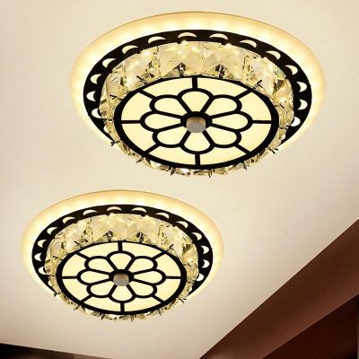 Minimalist Round/Square Ceiling Lamp LED Crystal Flush Mount Spotlight in Black with Flower Pattern