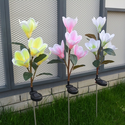 Modern Magnolia Fabric Stake Lighting 4 Bulbs Solar LED Ground Light Fixture in Yellow/Pink/White for Outdoor, 2 Packs